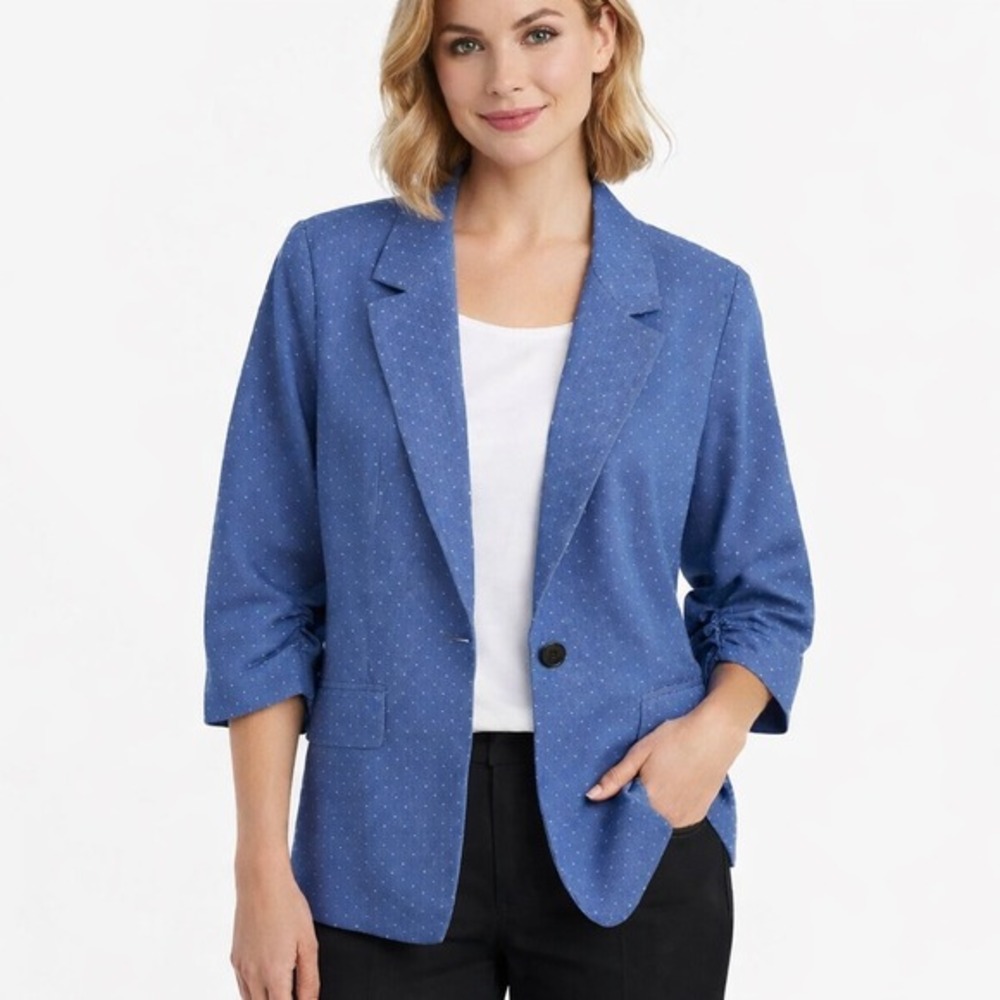 Monteau Blue Polka Dot 3/4 Sleeve Blazer L Preppy Academia Career Chic 49-19